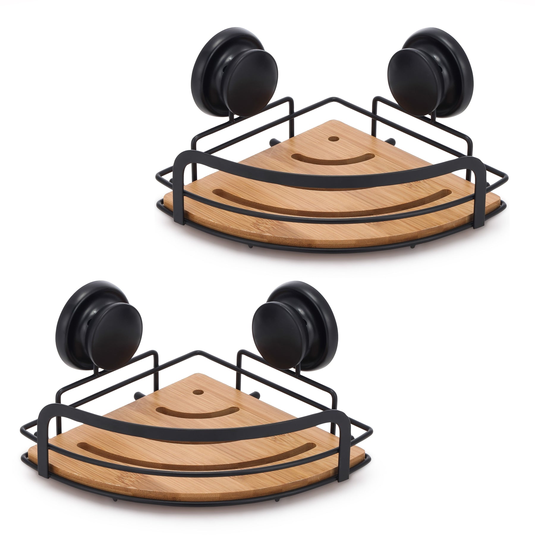 2 Pack Round Bamboo Corner Shower Caddy Shelf with Vacuum Suction Cup, 19x19x12 cm - SuperSaverAU - view 1