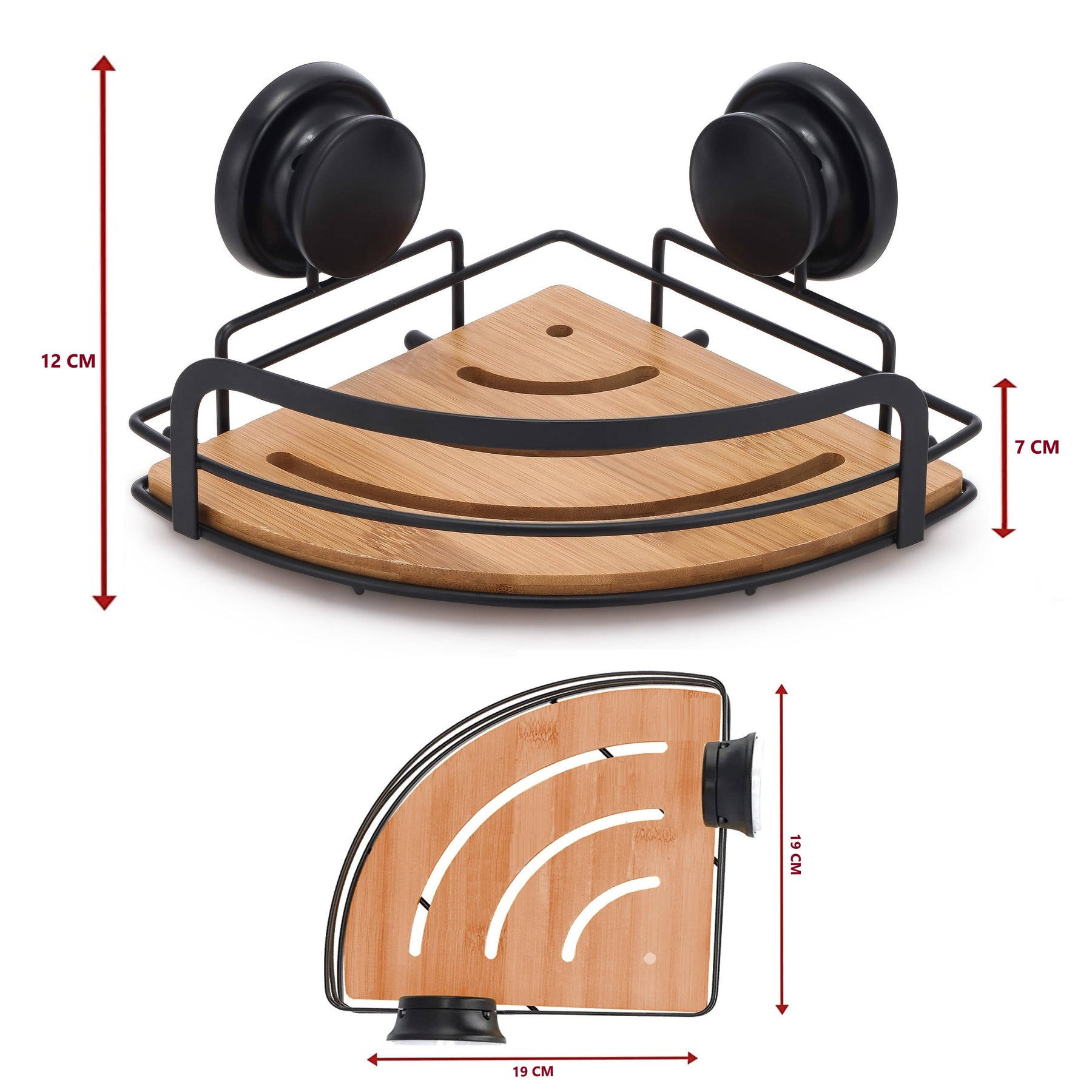 2 Pack Round Bamboo Corner Shower Caddy Shelf with Vacuum Suction Cup, 19x19x12 cm - SuperSaverAU - view 2