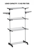 Folding 3 Tier Clothes Drying Rack 165x140x57 cm with Stainless Steel Tubes - SuperSaverAU - view 3