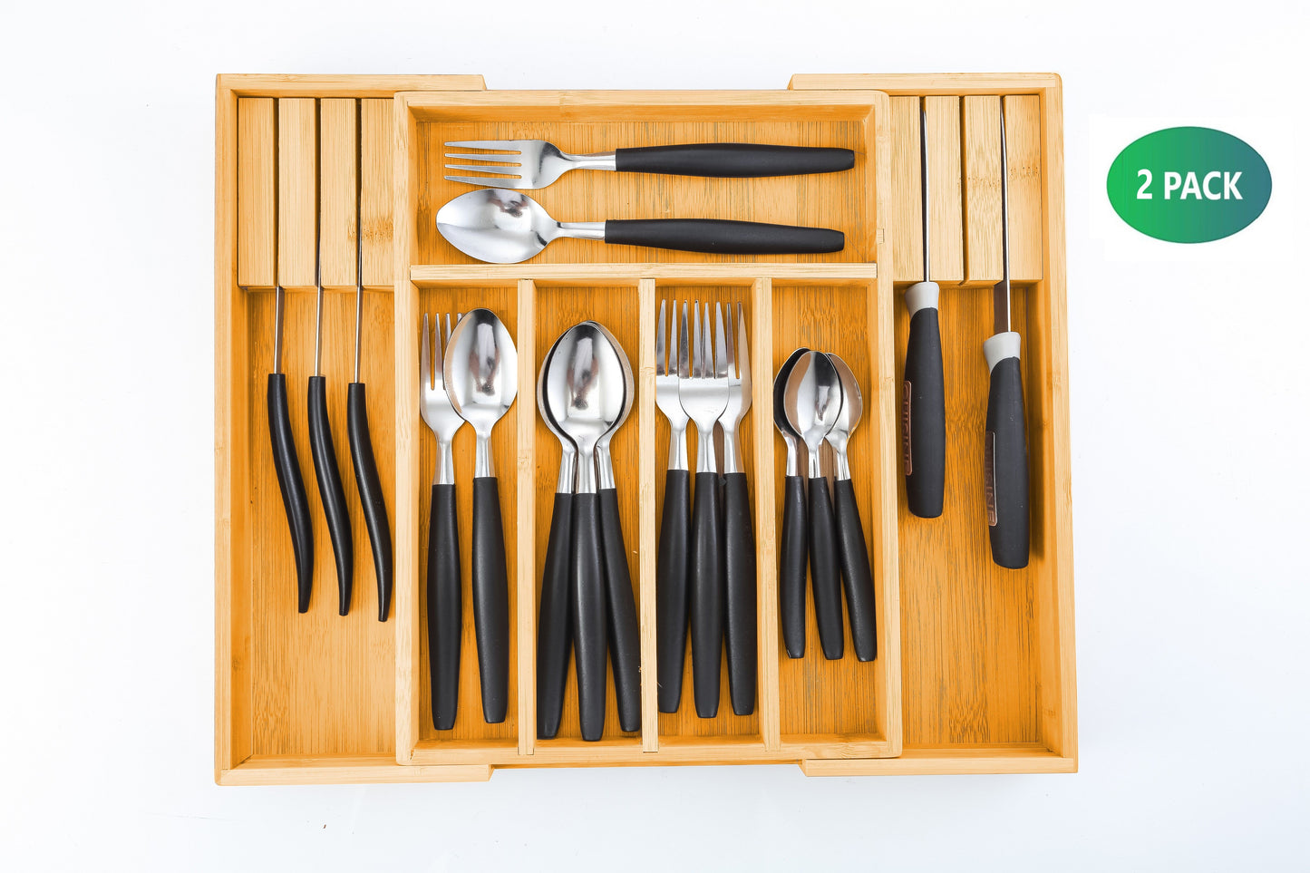 Bamboo Expandable Drawer Organizer 2 Pack, 35x25x12 cm, Knife Block Holder