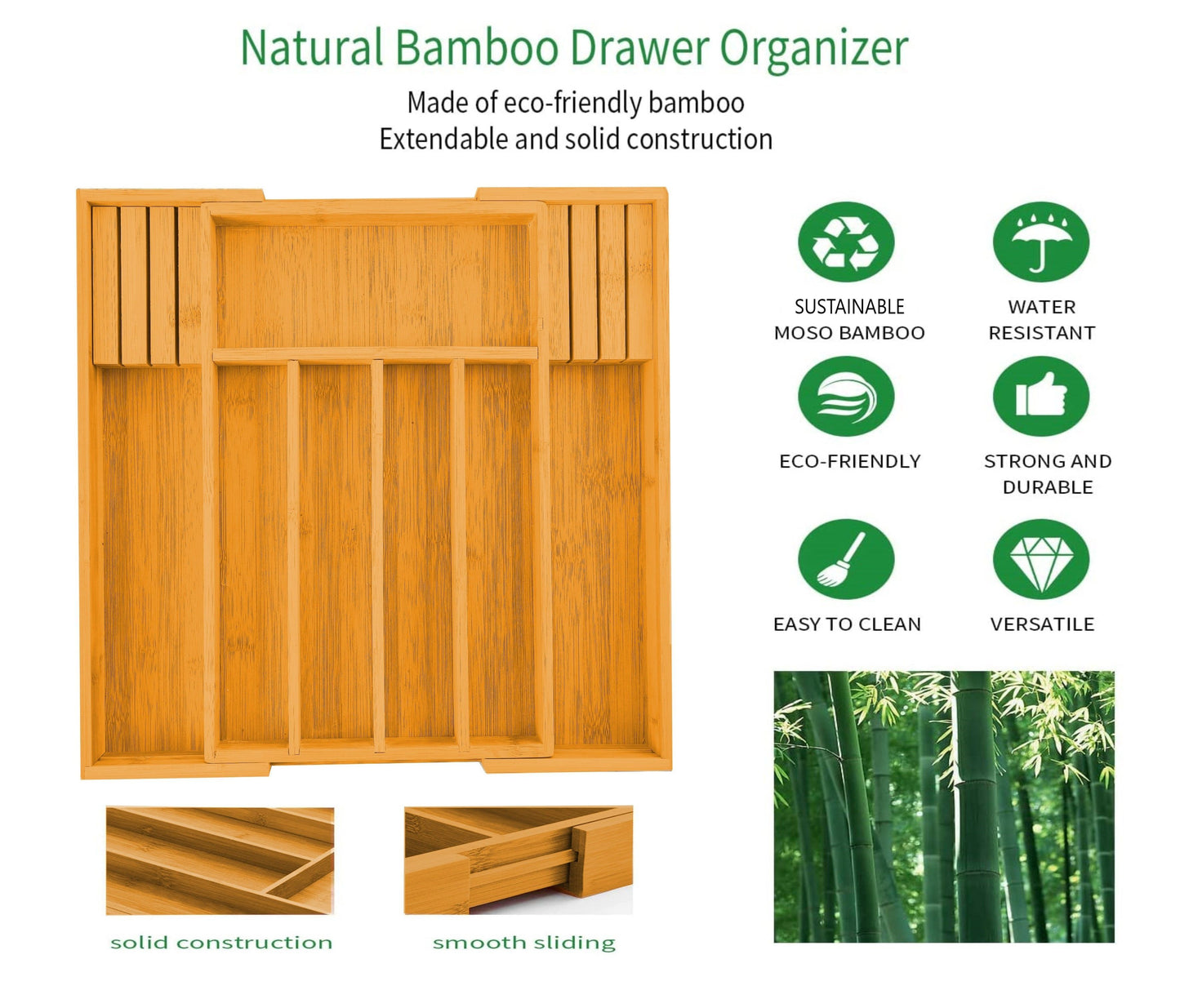 Bamboo Expandable Drawer Organizer 2 Pack, 35x25x12 cm, Knife Block Holder