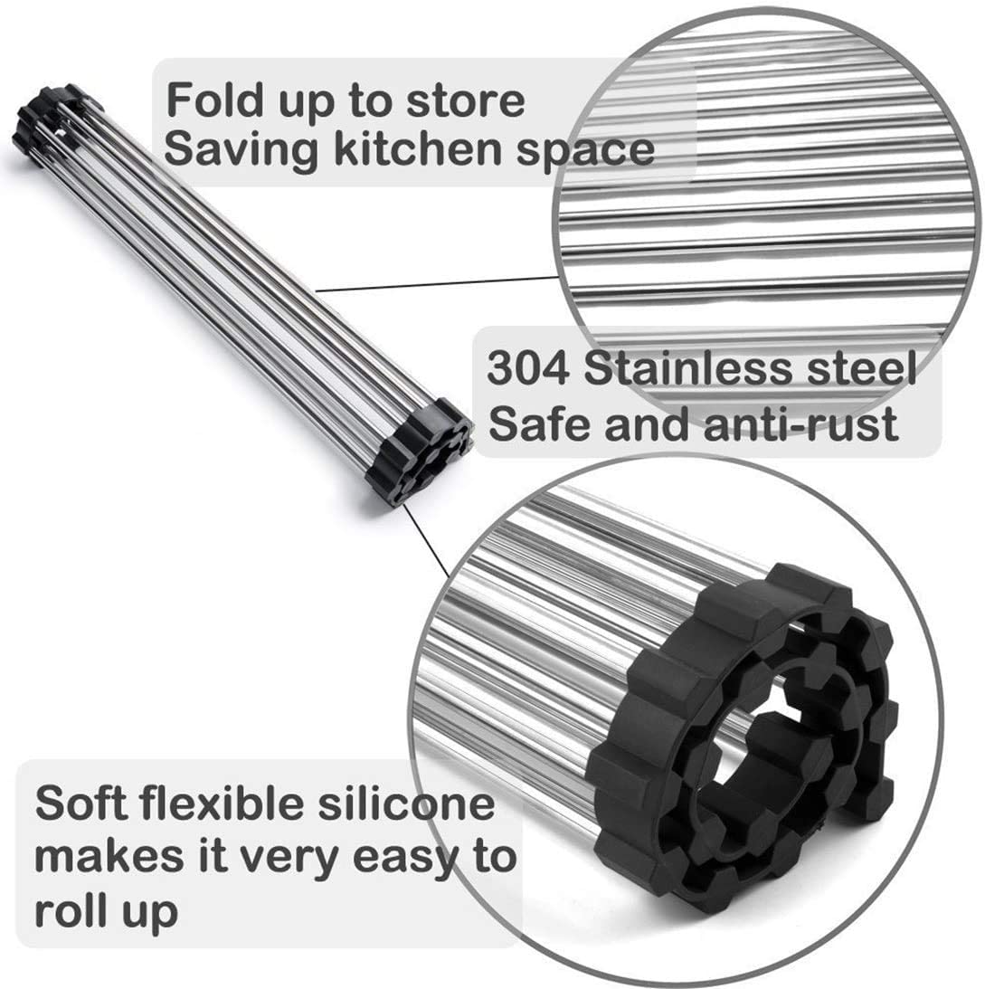 2 Pack Large Stainless Steel Roll Up Dish Drying Rack, 54x12x18 cm, Utensil Holder