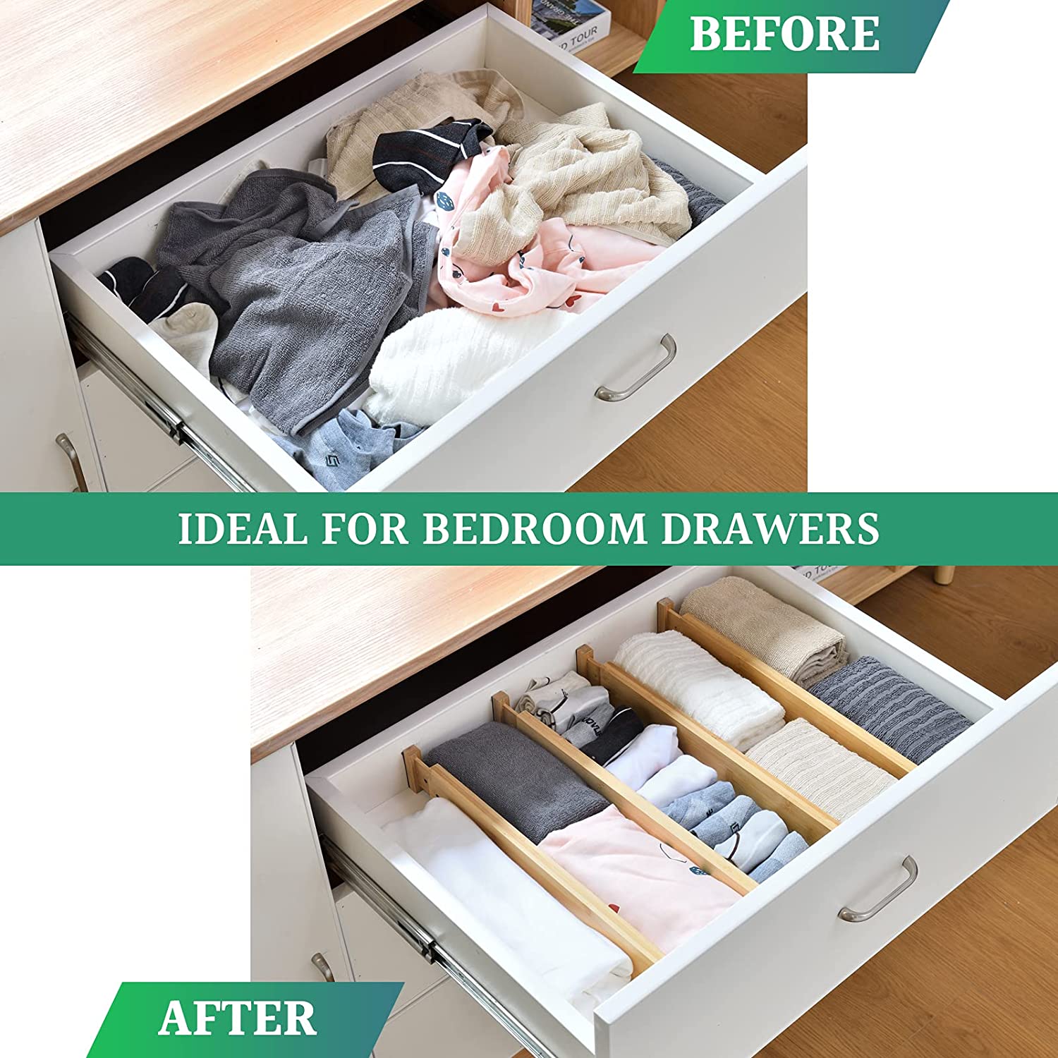 Premium Bamboo Adjustable Kitchen Drawer Dividers - Large, 8 Pack