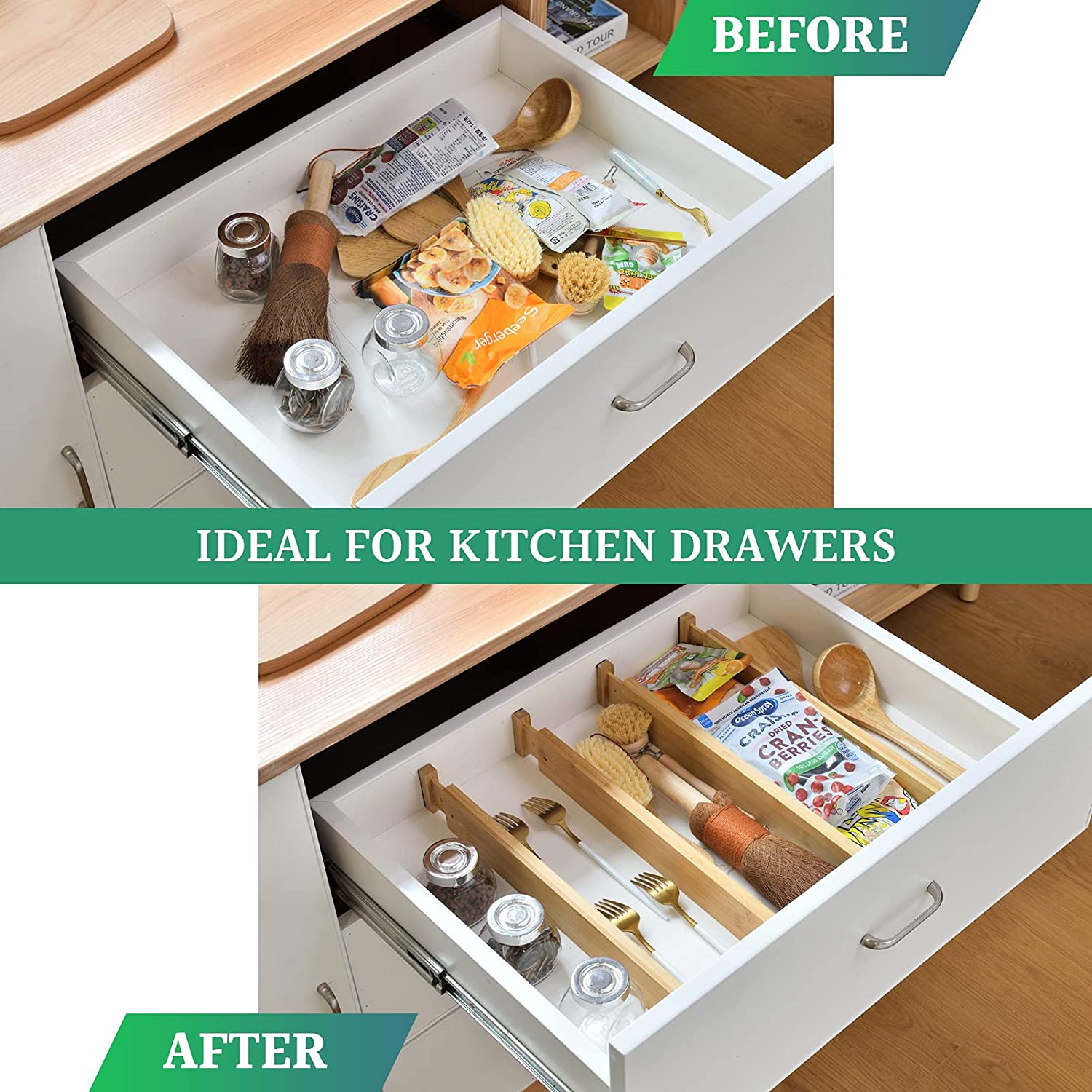 Premium Bamboo Adjustable Kitchen Drawer Dividers - Large, 8 Pack