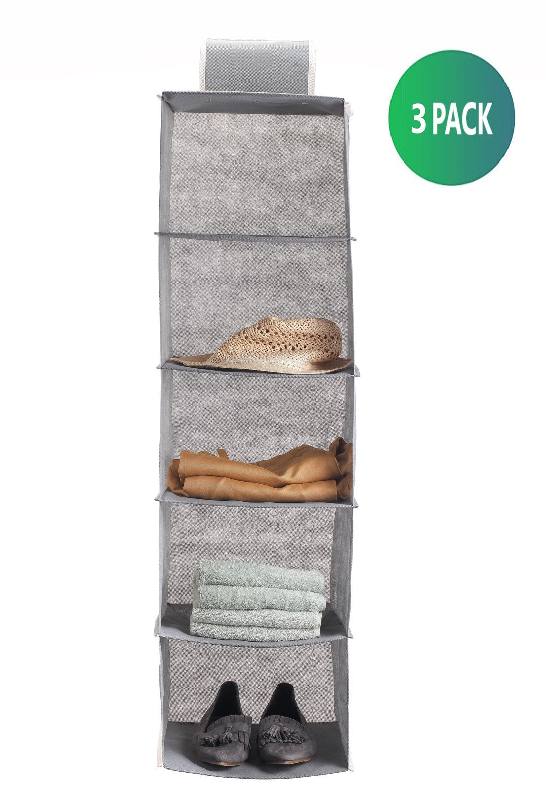 Premium 5-Tier Hanging Closet Organiser - Grey, 3 Pack