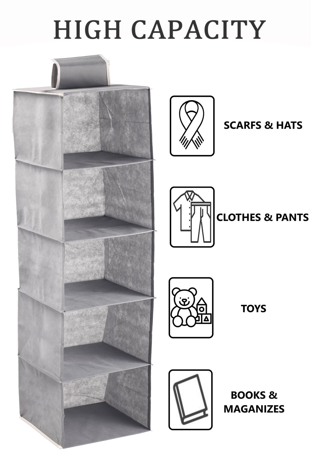Premium 5-Tier Hanging Closet Organiser - Grey, 3 Pack