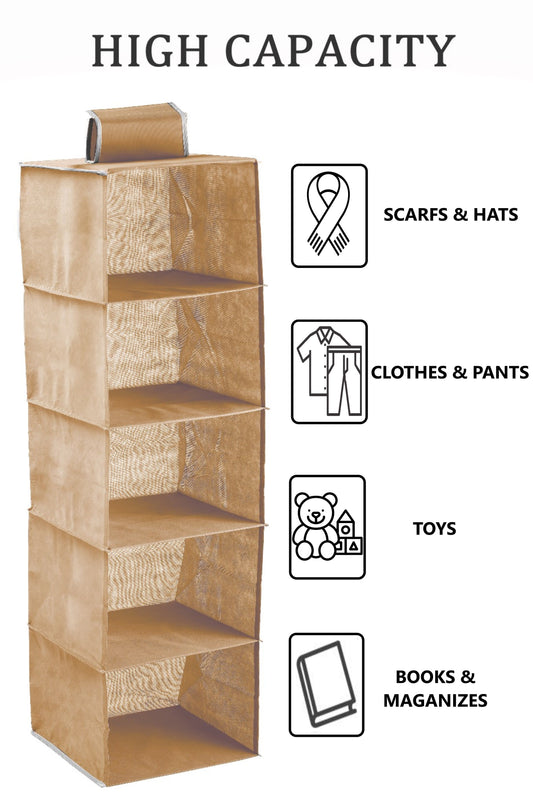 5-Tier Hanging Closet Organizer - 3 Pack, Durable Non-Woven, 30x30x9 cm, Beige