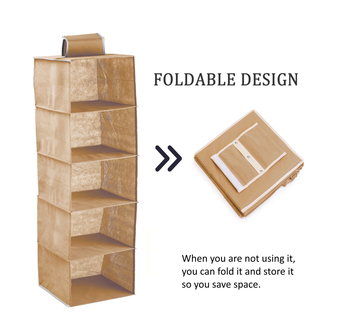 5-Tier Hanging Closet Organizer - 3 Pack, Durable Non-Woven, 30x30x9 cm, Beige