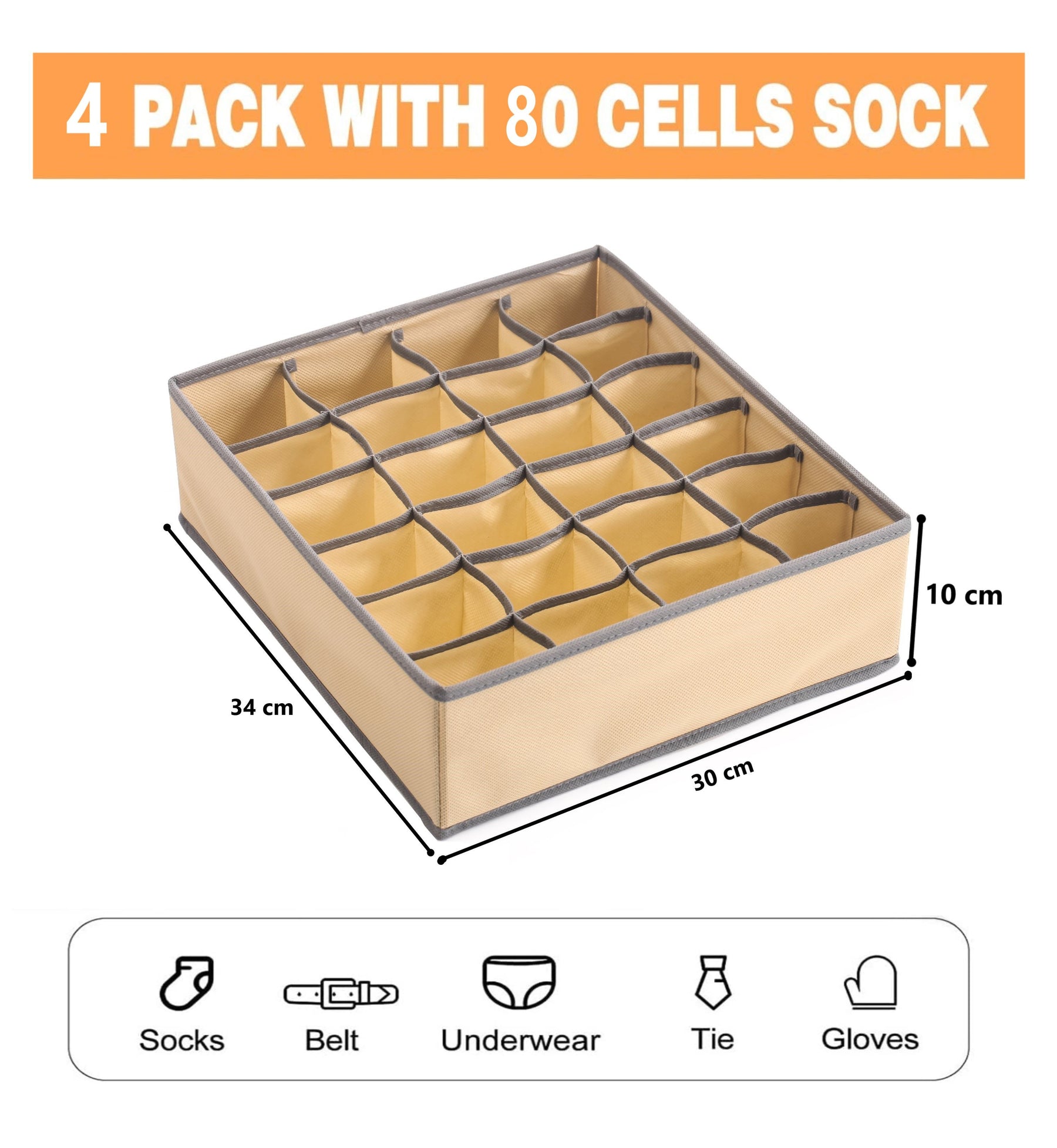 Premium Fabric Drawer Organiser Storage Boxes - Beige, 4 Pack