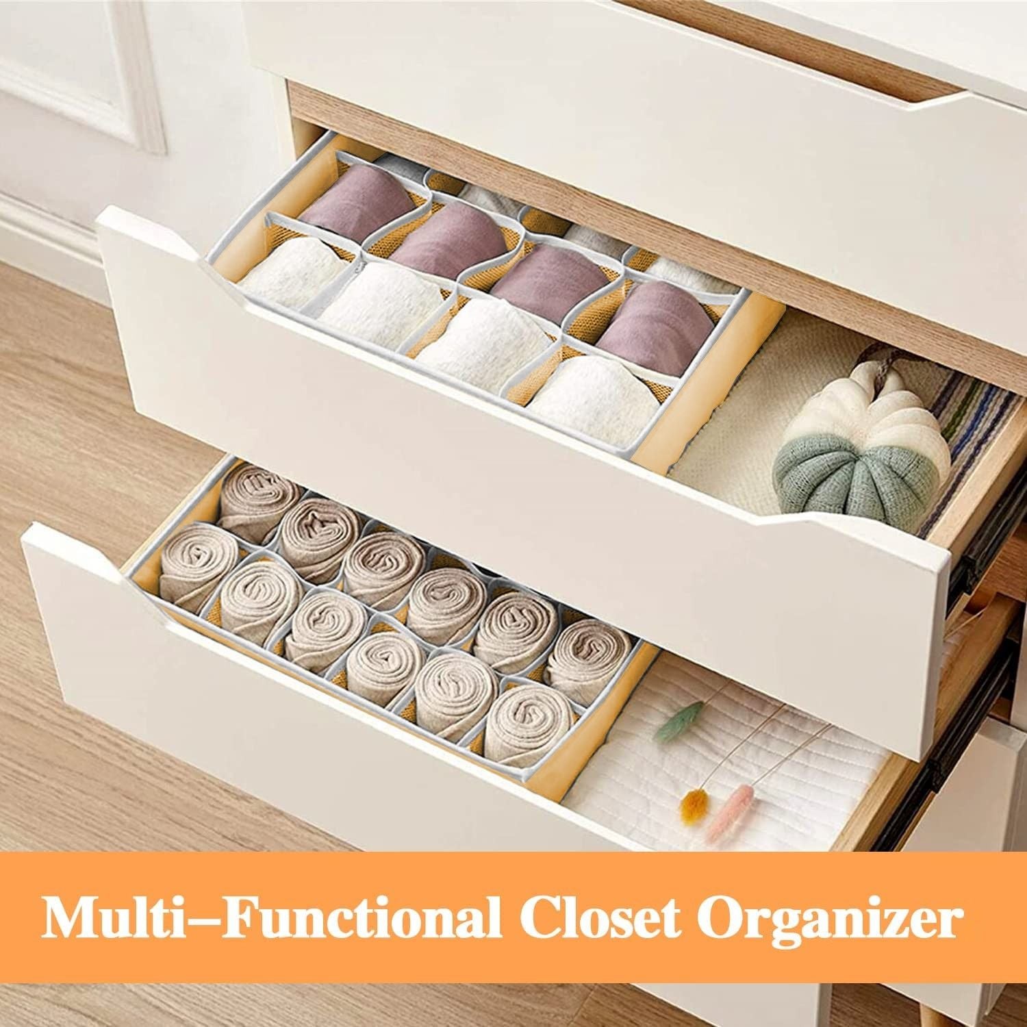 Premium Fabric Drawer Organiser Storage Boxes - Beige, 4 Pack