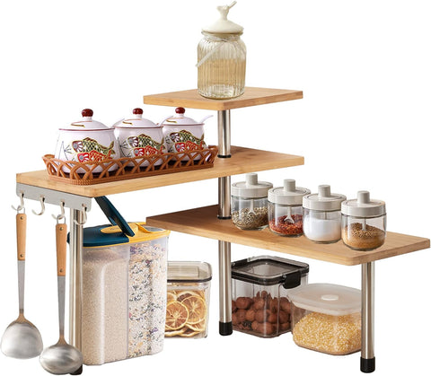 CARLA HOME 3 Tier Corner Shelf 68x38x18 cm, Bamboo Spice Rack with Hooks - SuperSaverAU - view 1