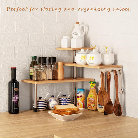 CARLA HOME 3 Tier Corner Shelf 68x38x18 cm, Bamboo Spice Rack with Hooks - SuperSaverAU - view 2