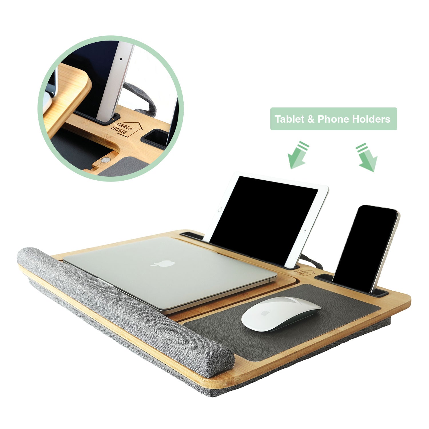 CARLA HOME Bamboo Laptop Lap Desk with Cushion and Angle Adjustable for Office and Home - SuperSaverAU - view 6