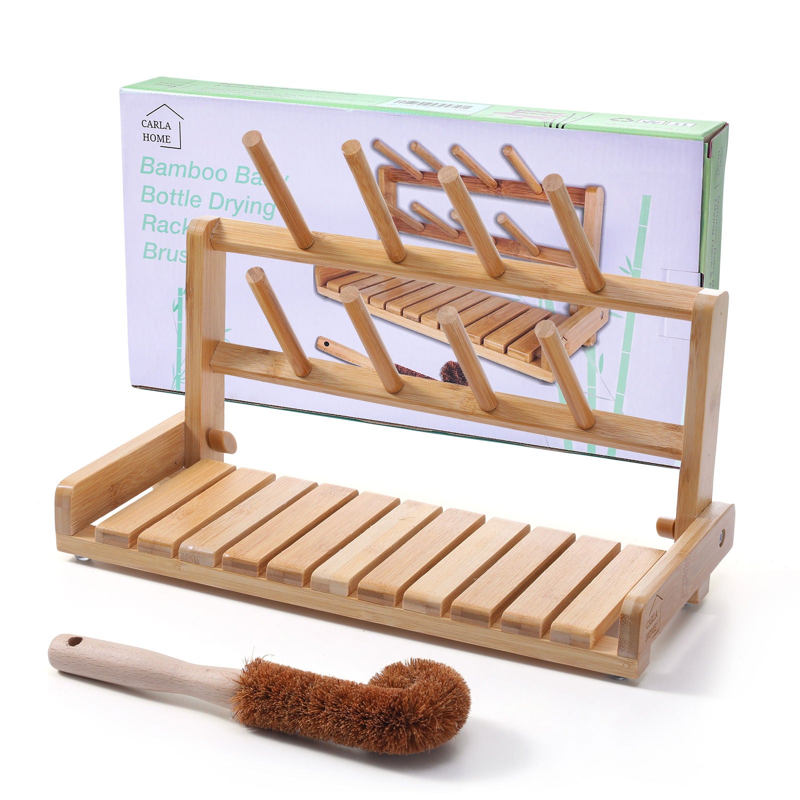 CARLA HOME Bamboo Baby Bottle Drying Rack with Brush - 18 x 36 x 17cm