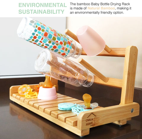 CARLA HOME Bamboo Baby Bottle Drying Rack with Brush - 18 x 36 x 17cm