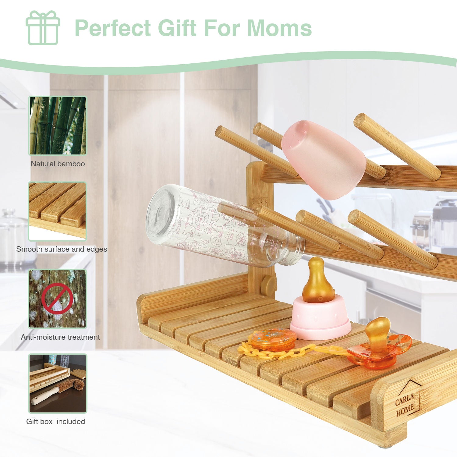 CARLA HOME Bamboo Baby Bottle Drying Rack with Brush - 18 x 36 x 17cm