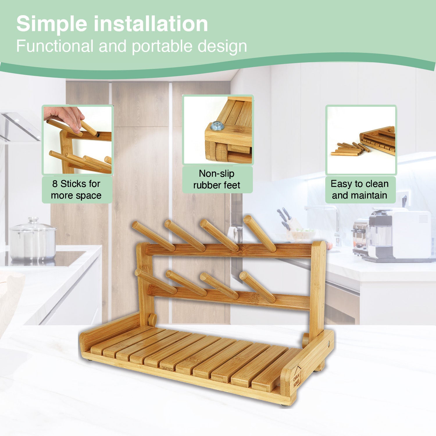 CARLA HOME Bamboo Baby Bottle Drying Rack with Brush - 18 x 36 x 17cm