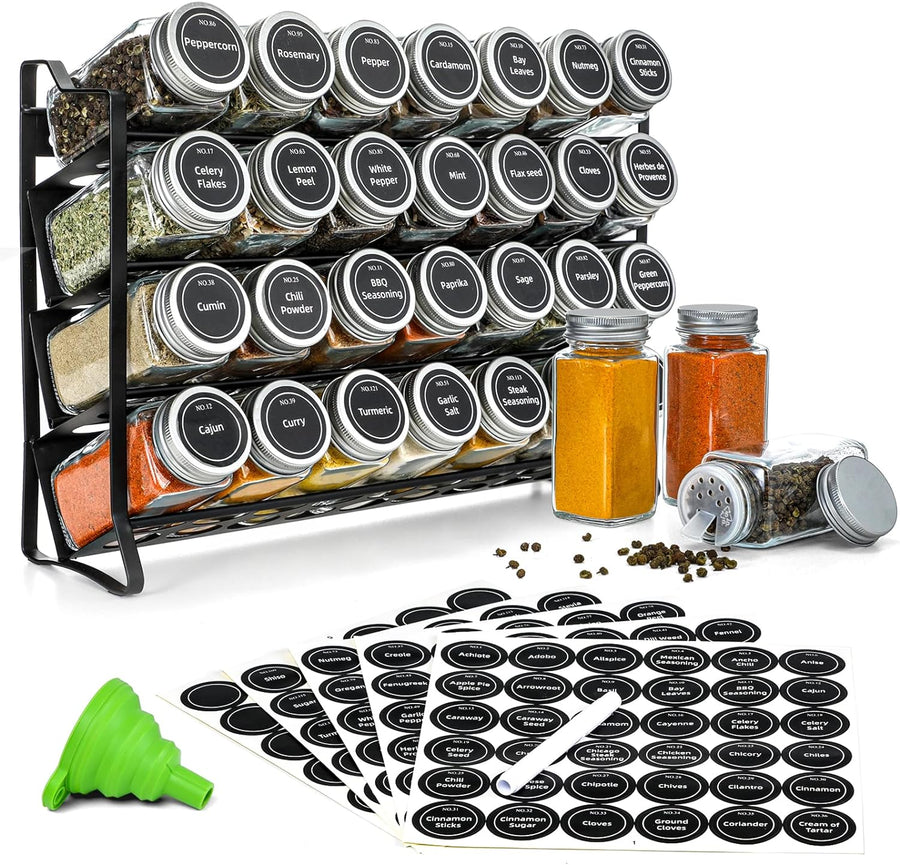 Premium 4-Tier Spice Rack Organiser with 28 Jars & Labels