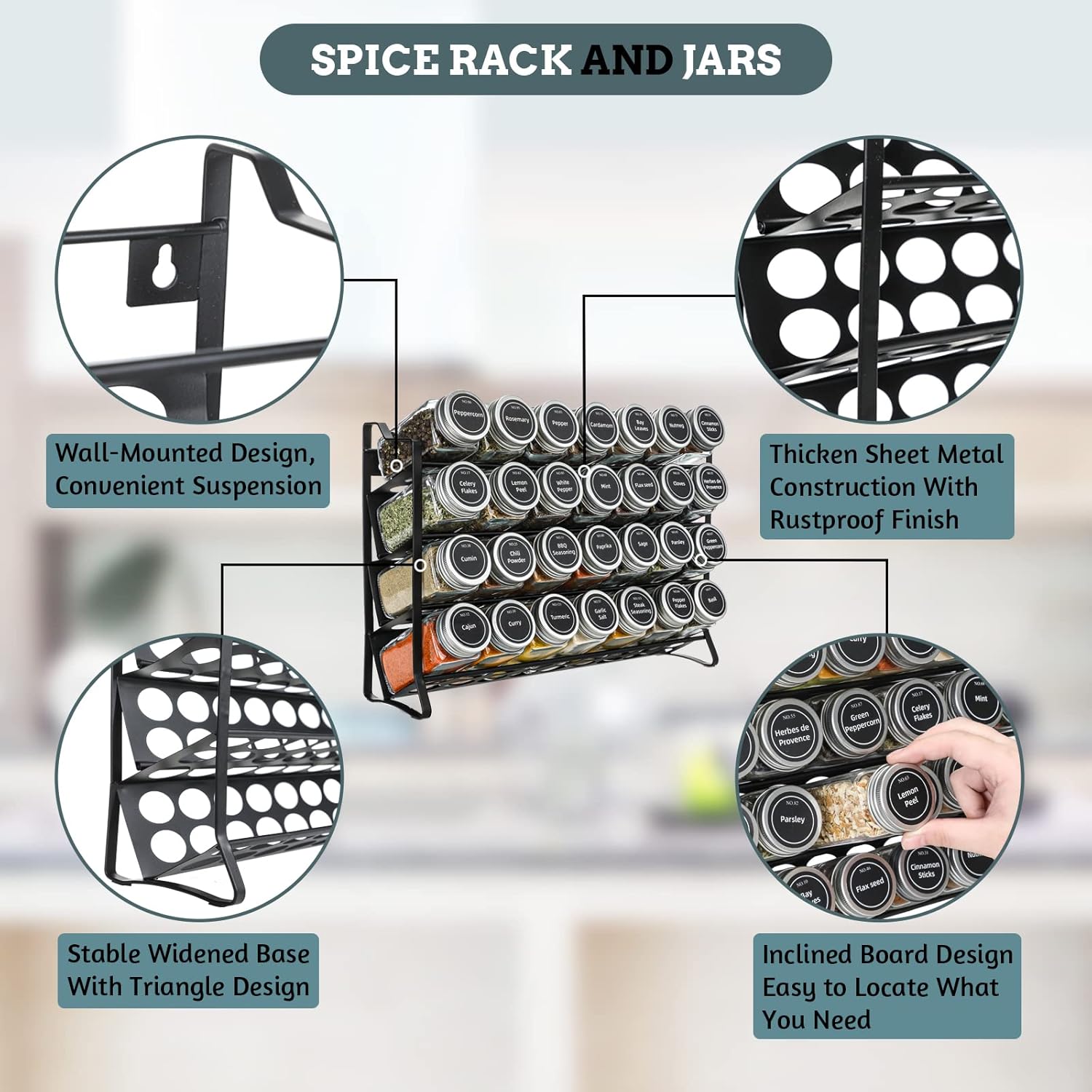 Premium 4-Tier Spice Rack Organiser with 28 Jars & Labels