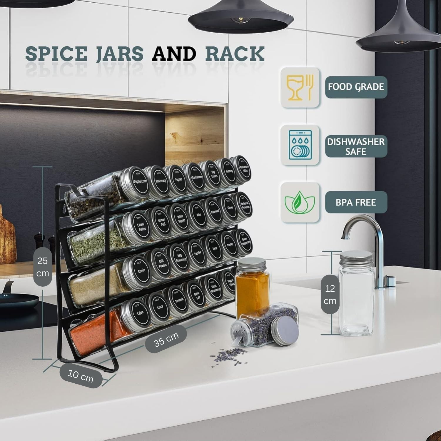 Premium 4-Tier Spice Rack Organiser with 28 Jars & Labels