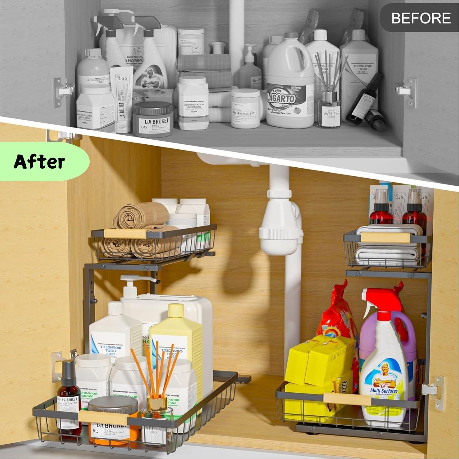 Premium 2-Tier Under Sink Organiser with Slide Rail - 41 x 36 x 30cm