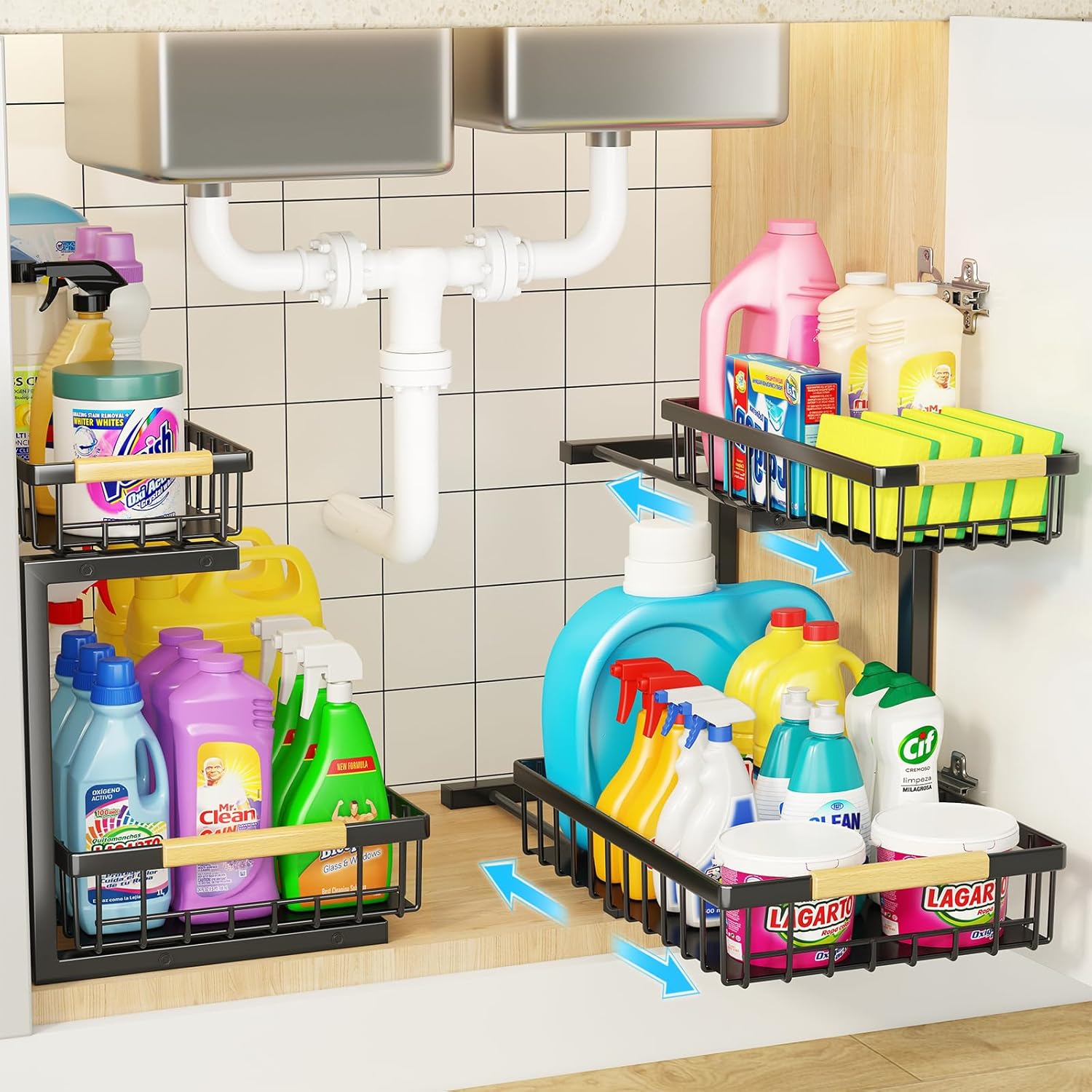 Premium 2-Tier Under Sink Organiser with Slide Rail - 41 x 36 x 30cm