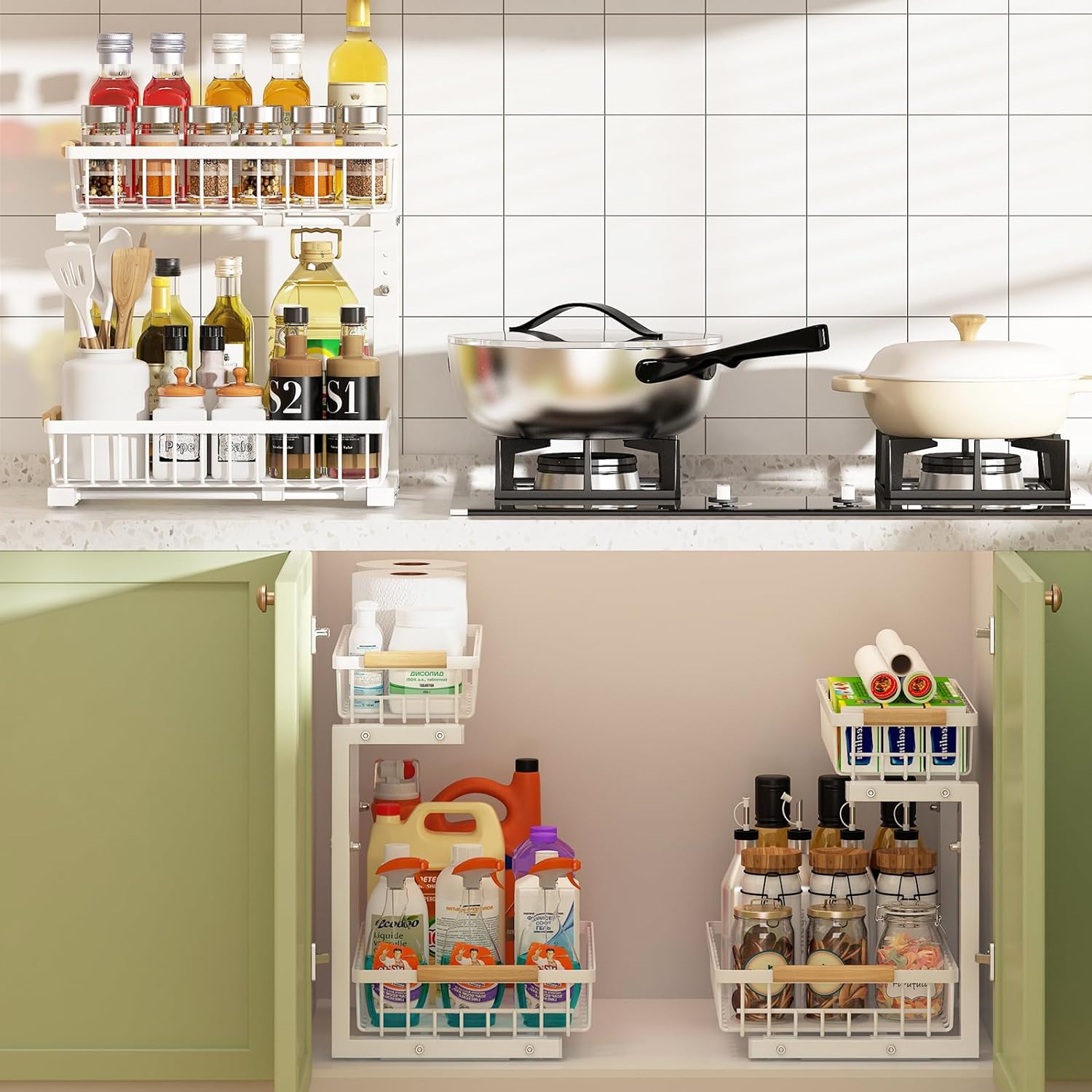 Premium 2-Tier Under Sink Organiser with Slide Rail - 41 x 36 x 30cm