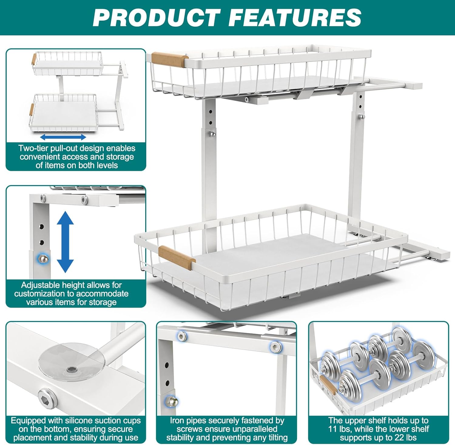 Premium 2-Tier Under Sink Organiser with Slide Rail - 41 x 36 x 30cm