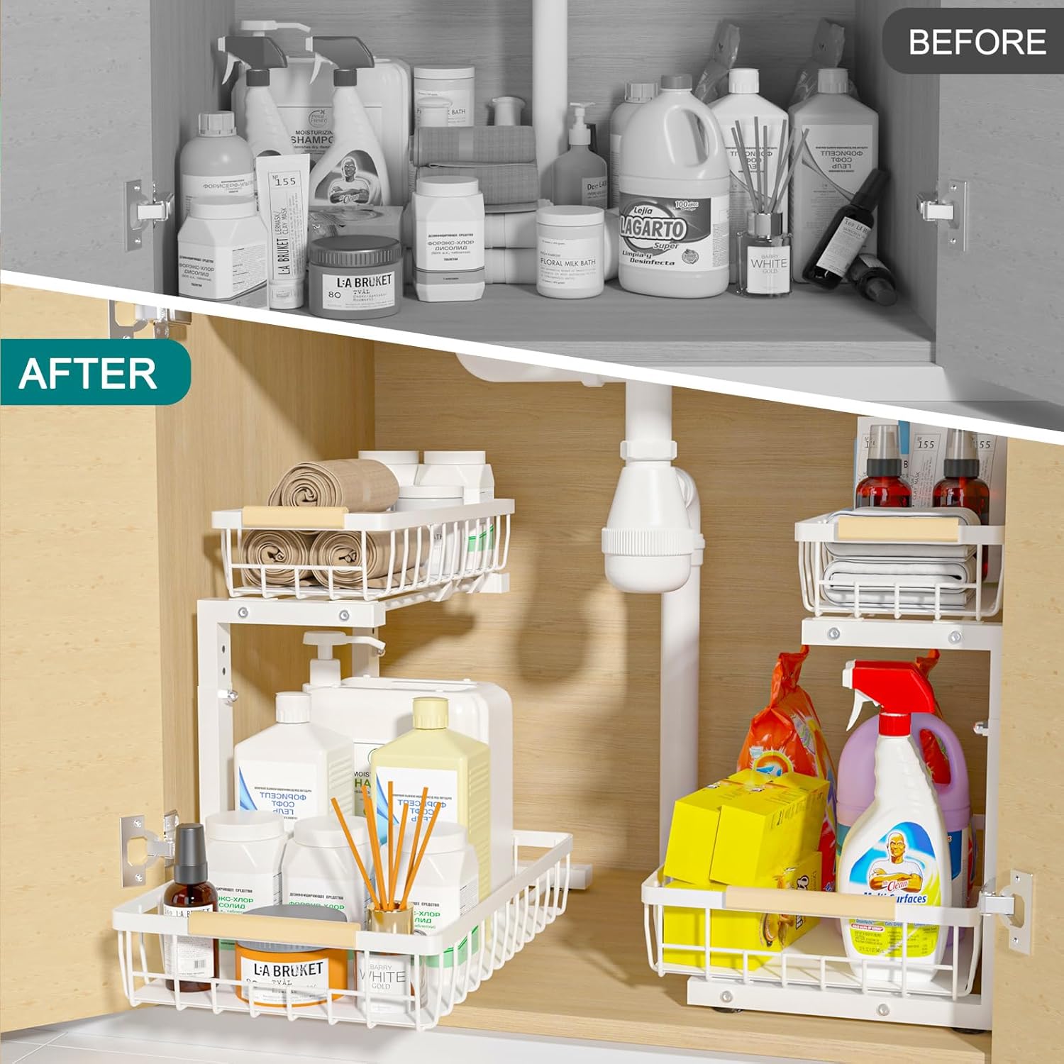 Premium 2-Tier Under Sink Organiser with Slide Rail - 41 x 36 x 30cm