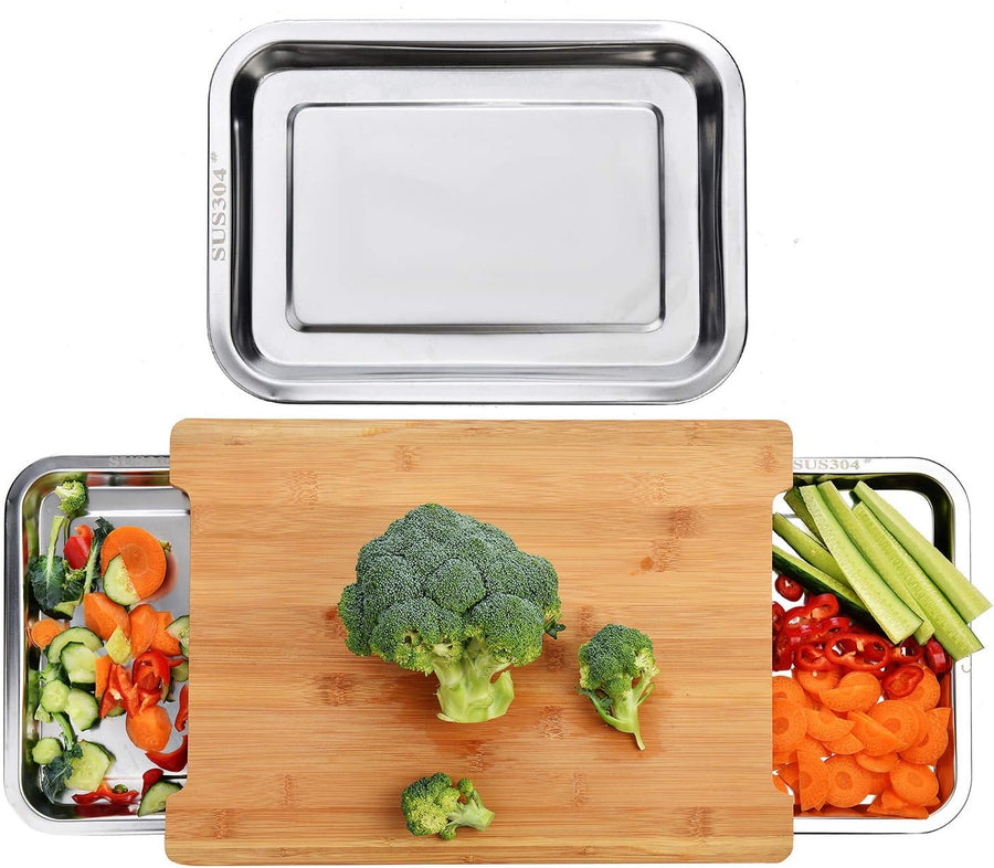 Premium Bamboo Chopping Board with Stainless Steel Trays - 42 x 30cm
