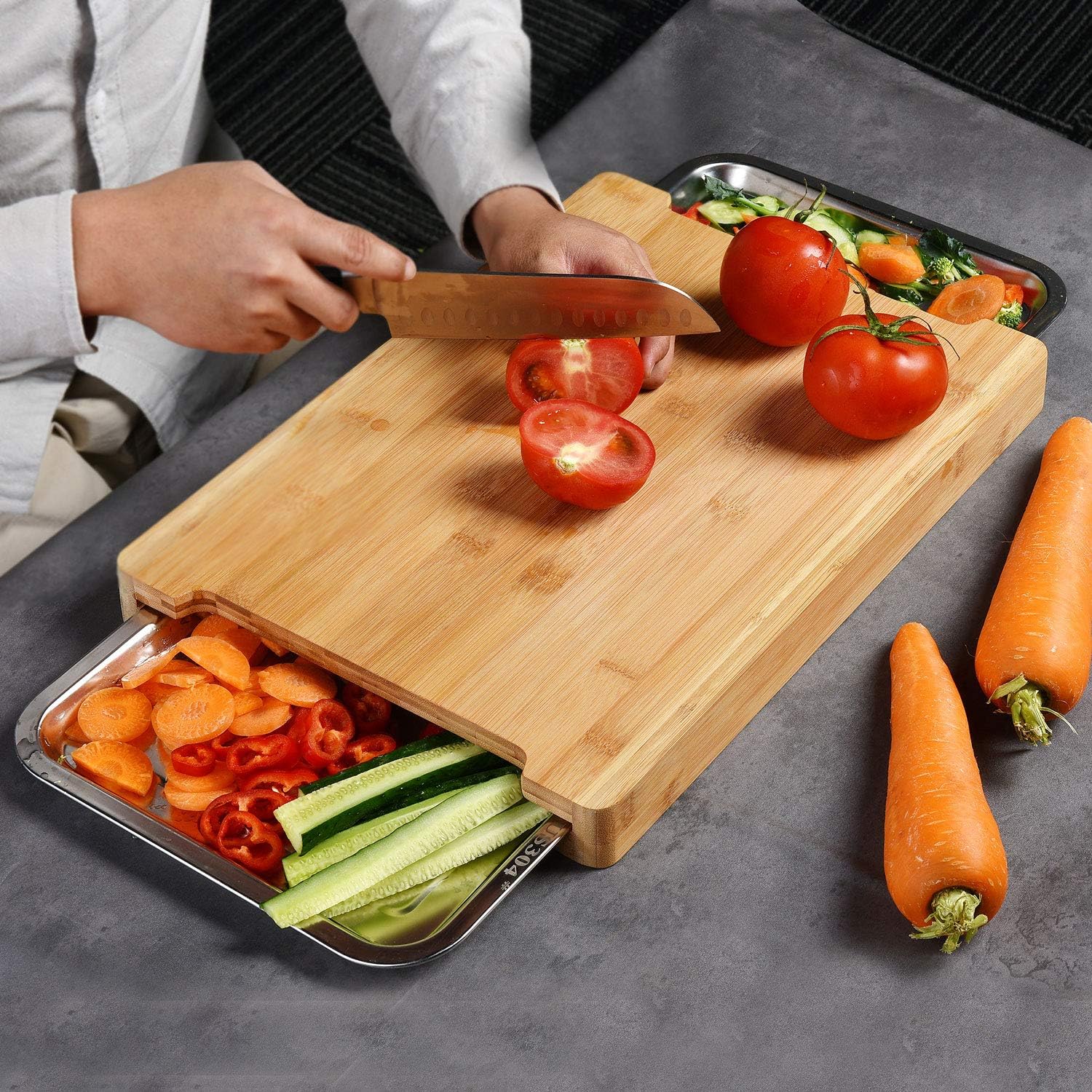 Premium Bamboo Chopping Board with Stainless Steel Trays - 42 x 30cm