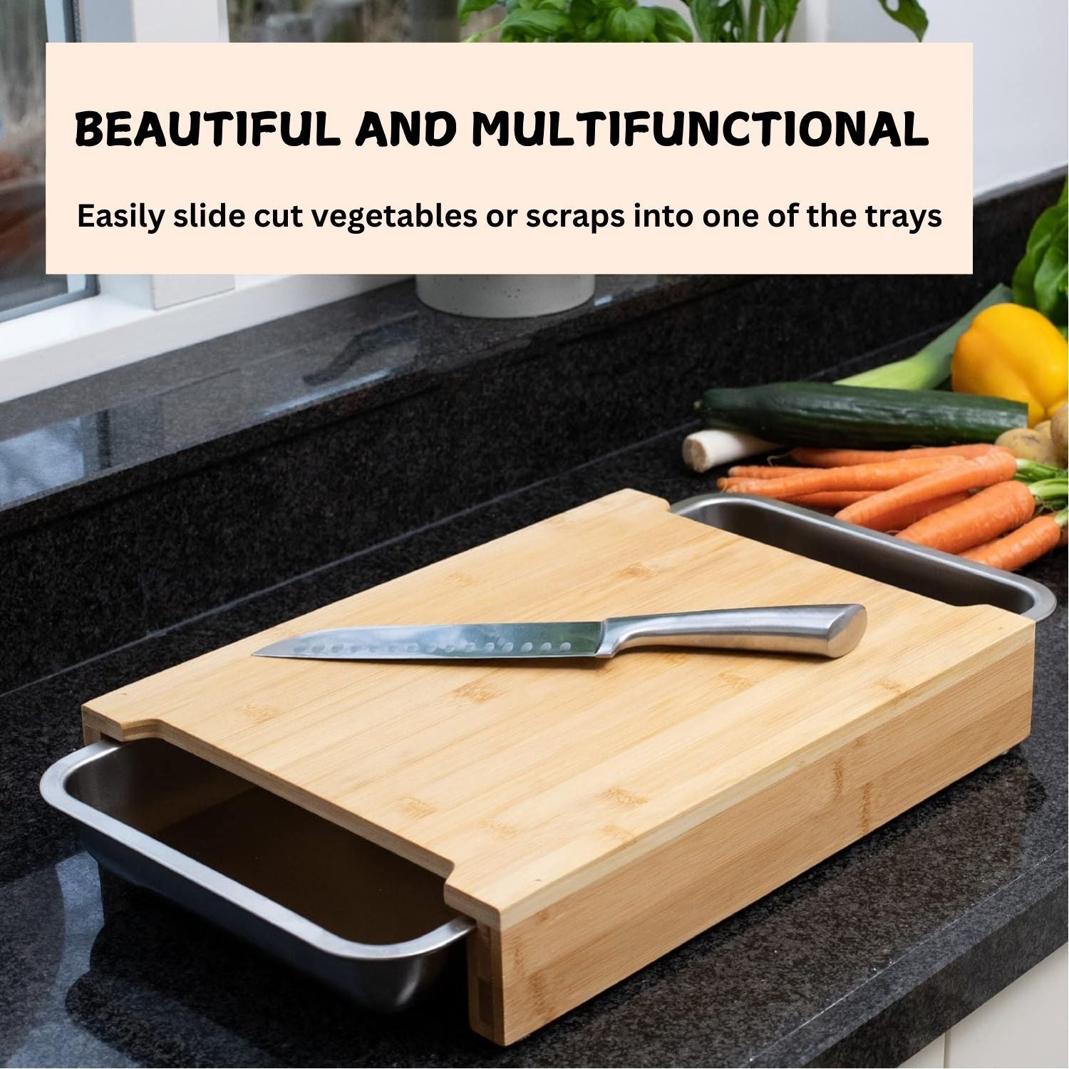 Premium Bamboo Chopping Board with Stainless Steel Trays - 42 x 30cm