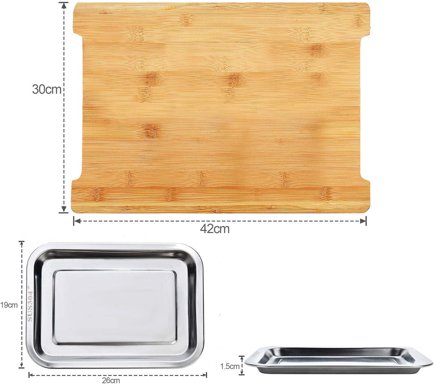 Premium Bamboo Chopping Board with Stainless Steel Trays - 42 x 30cm