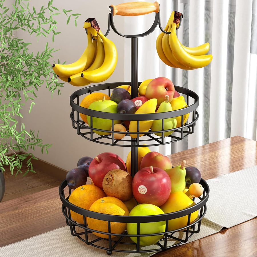 Premium 2-Tier Fruit Basket with Wood Handle & Dual Banana Hooks