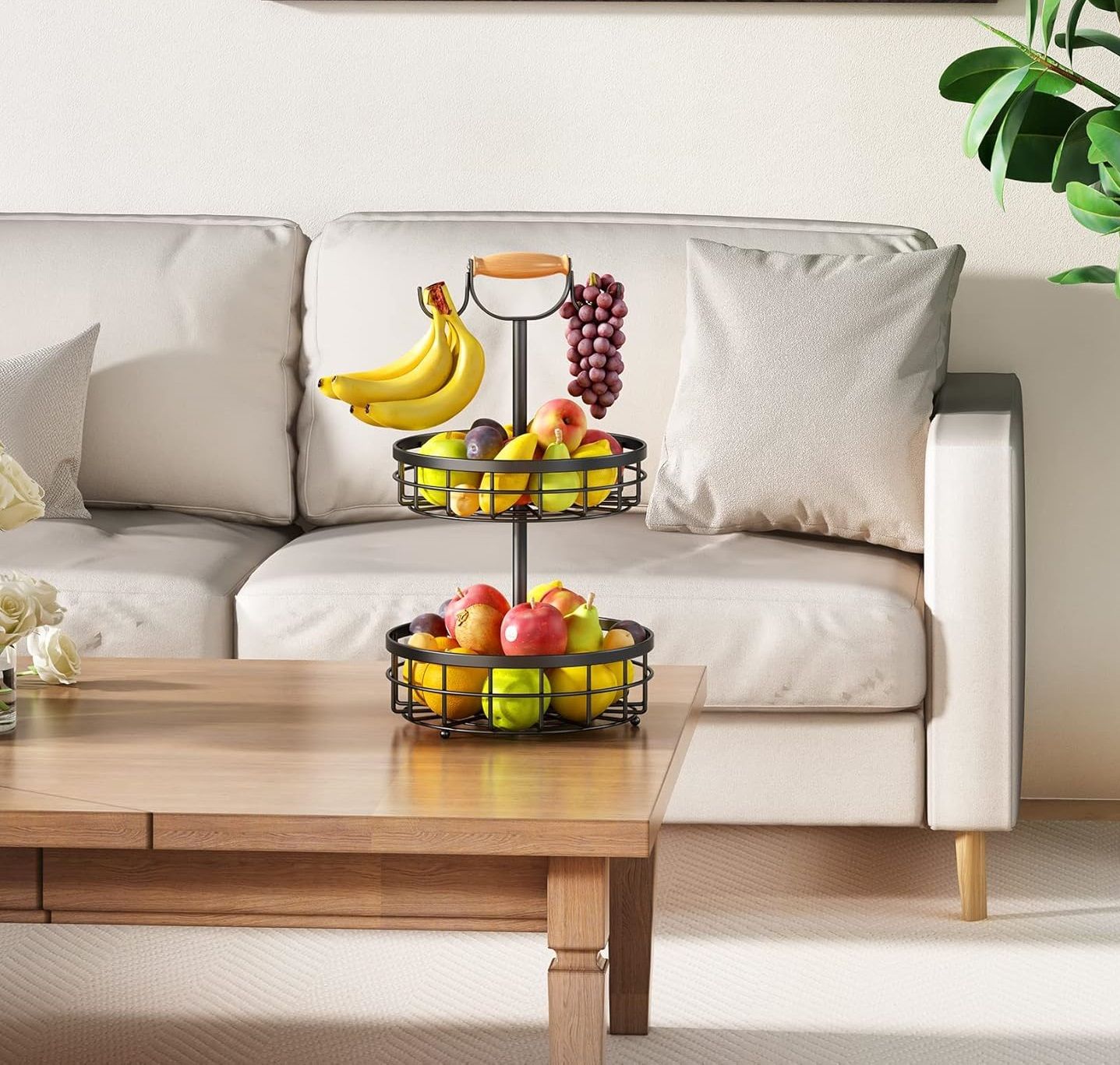 Premium 2-Tier Fruit Basket with Wood Handle & Dual Banana Hooks