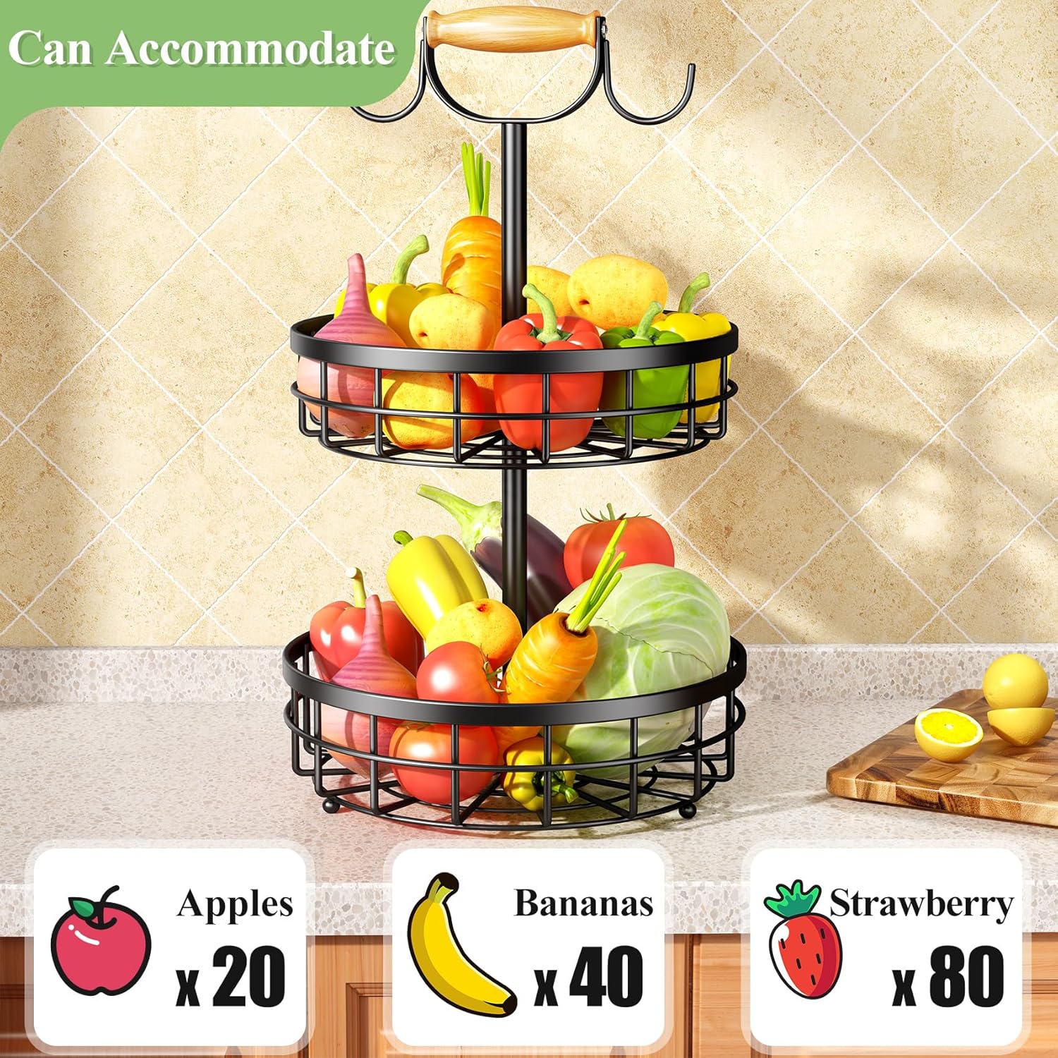 Premium 2-Tier Fruit Basket with Wood Handle & Dual Banana Hooks