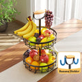 Premium 2-Tier Fruit Basket with Wood Handle & Dual Banana Hooks