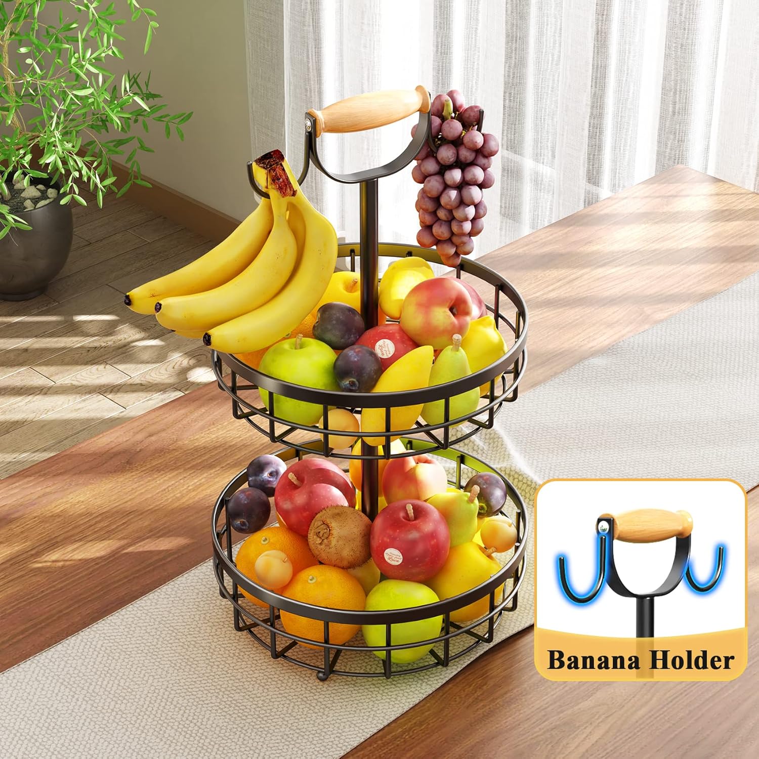 Premium 2-Tier Fruit Basket with Wood Handle & Dual Banana Hooks