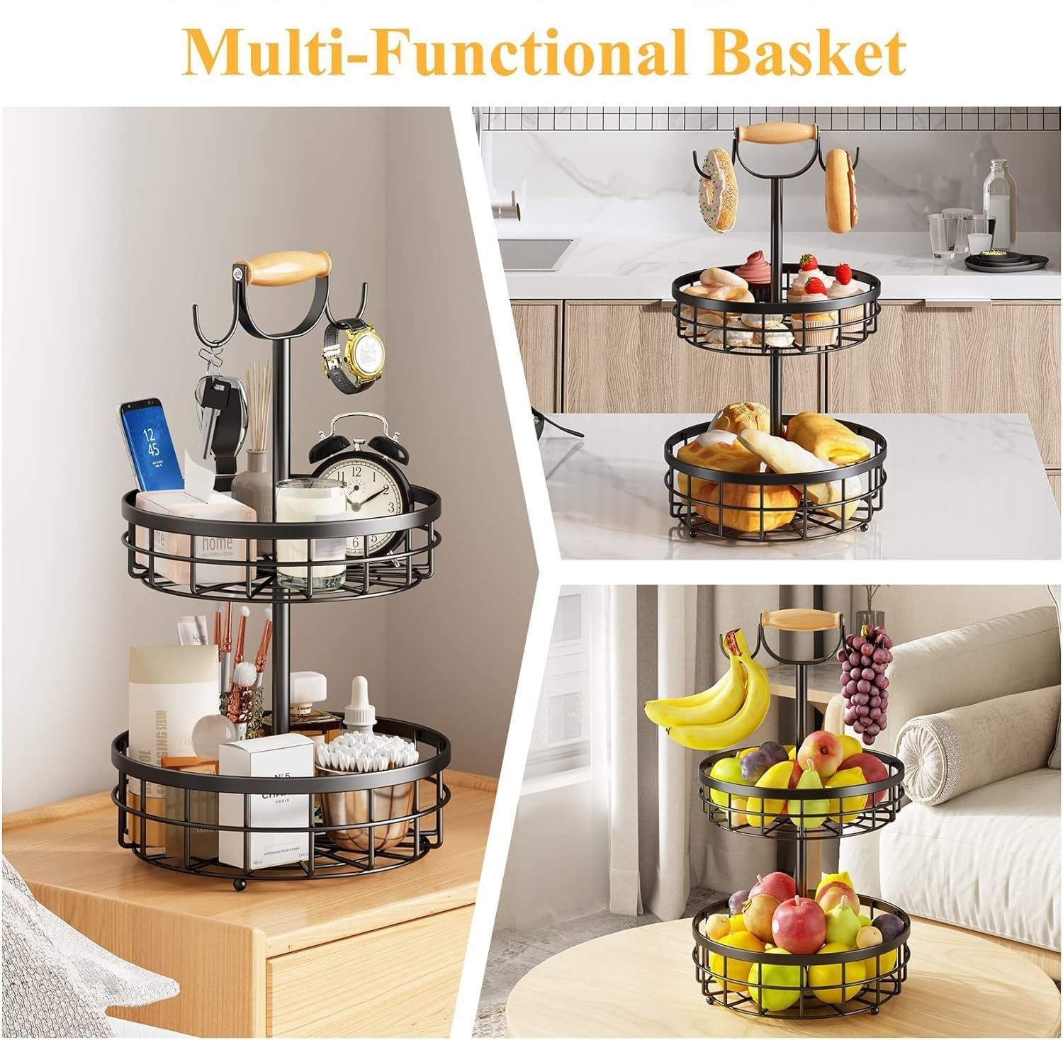 Premium 2-Tier Fruit Basket with Wood Handle & Dual Banana Hooks