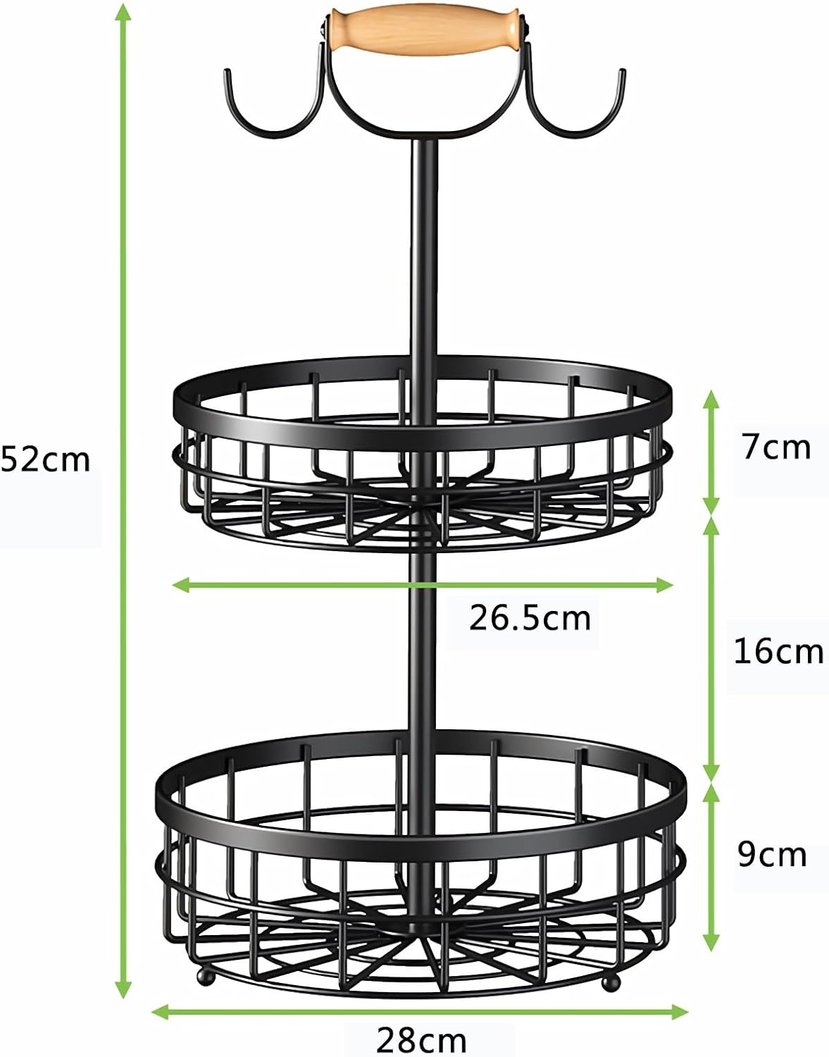 Premium 2-Tier Fruit Basket with Wood Handle & Dual Banana Hooks