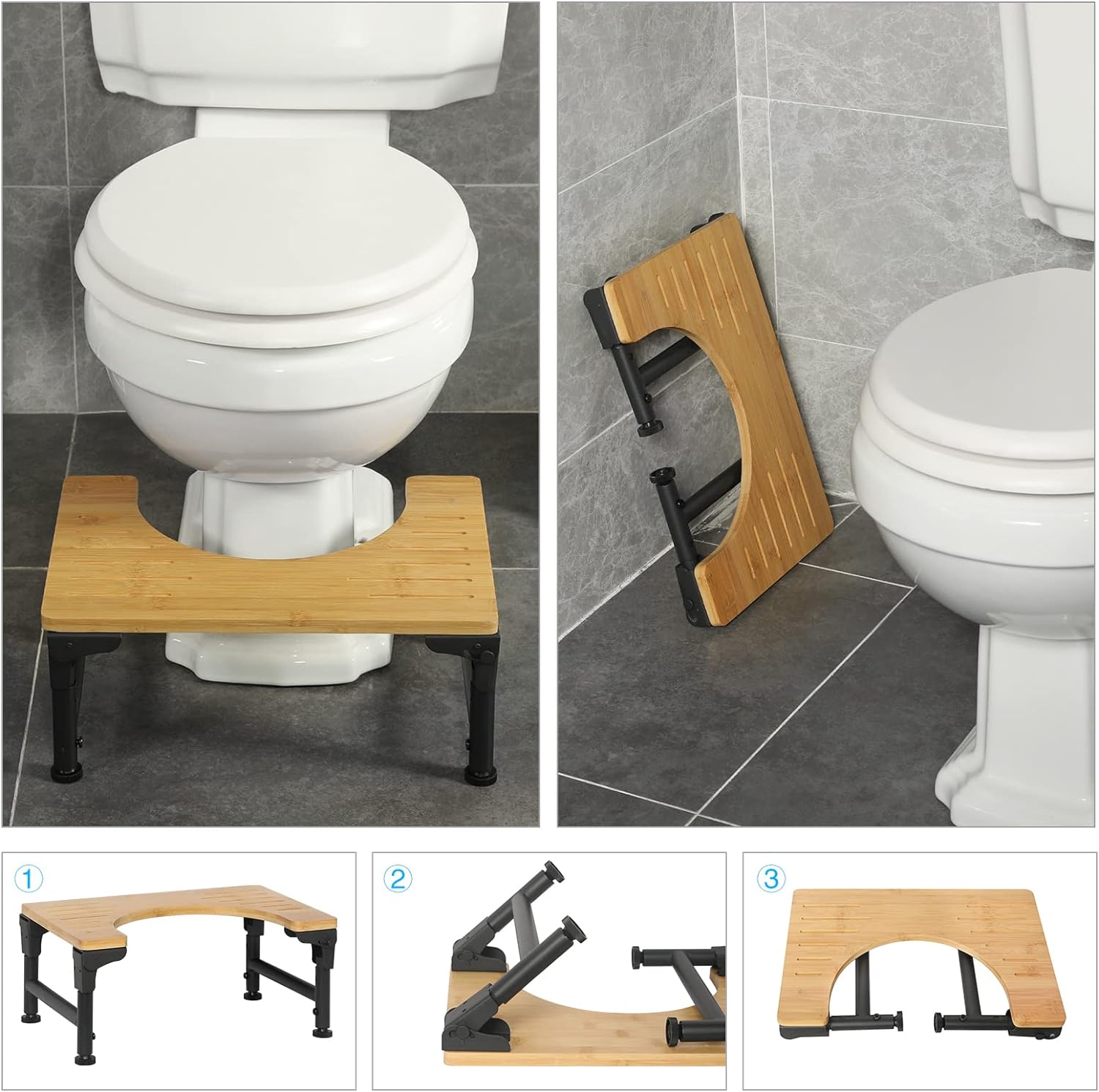 Premium Foldable Bamboo Toilet Stool with Adjustable Height - 18 to 23cm