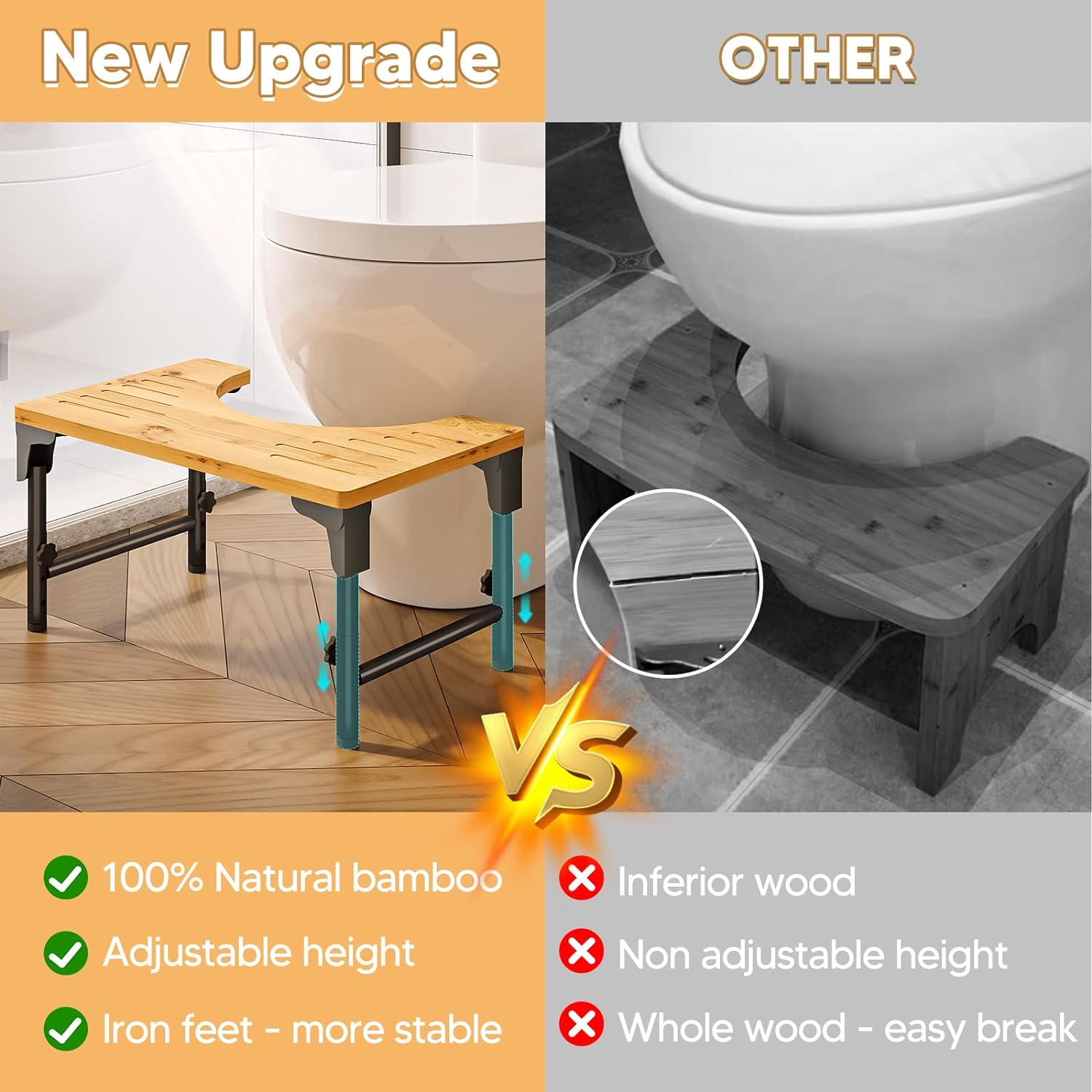 Premium Foldable Bamboo Toilet Stool with Adjustable Height - 18 to 23cm