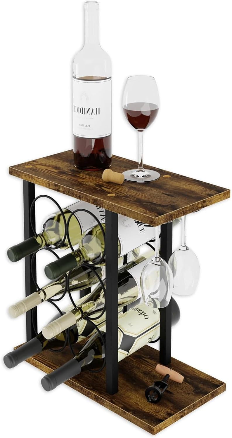 Wine Rack Countertop Holder for 6 Bottles & 2 Glasses - Wooden & Metal