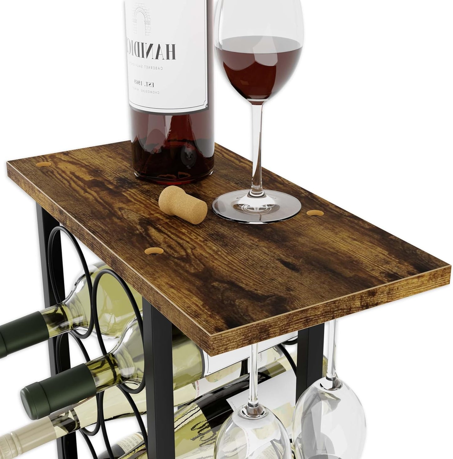 Wine Rack Countertop Holder for 6 Bottles & 2 Glasses - Wooden & Metal