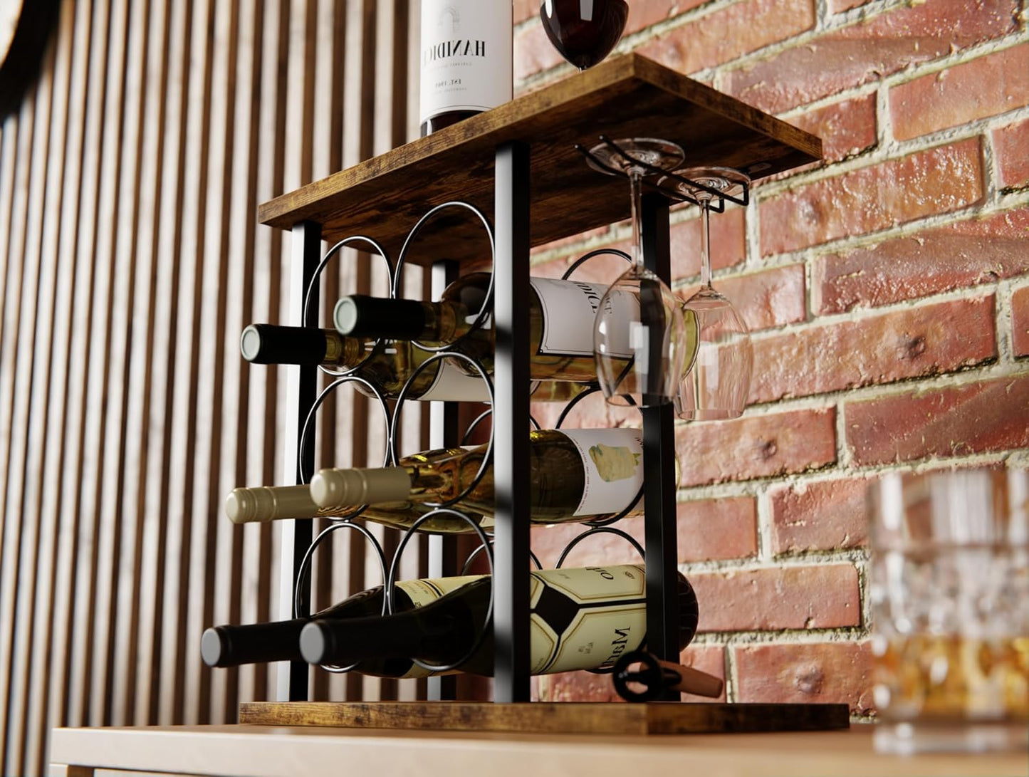 Wine Rack Countertop Holder for 6 Bottles & 2 Glasses - Wooden & Metal