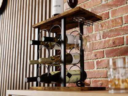 Wine Rack Countertop Holder for 6 Bottles & 2 Glasses - Wooden & Metal