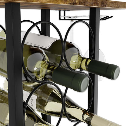 Wine Rack Countertop Holder for 6 Bottles & 2 Glasses - Wooden & Metal
