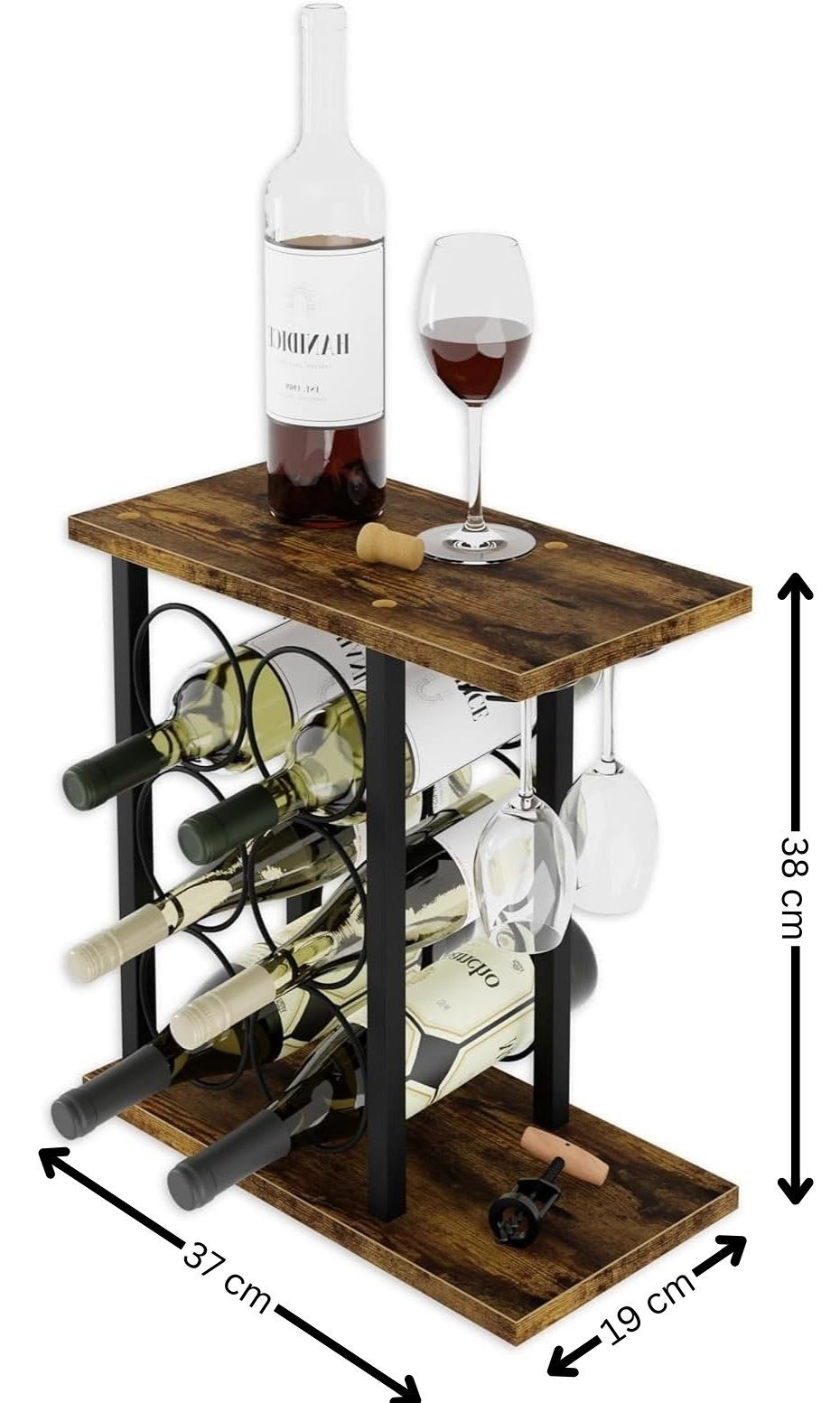 Wine Rack Countertop Holder for 6 Bottles & 2 Glasses - Wooden & Metal