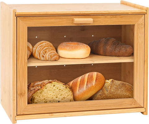 Premium Double Layer Bamboo Bread Box with Transparent Window