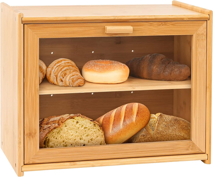 Premium Double Layer Bamboo Bread Box with Transparent Window